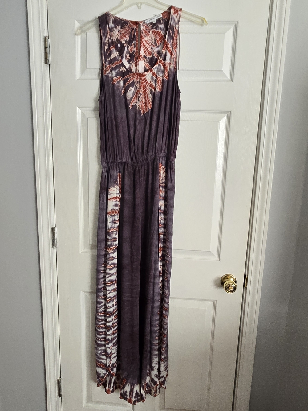 Sleeveless Tie-Dye with Rust Accents, Slit Pants